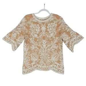 Solitaire‎ Floral Lace Embroidered Bell Sleeve Blouse Sz M Beige Boho Scalloped